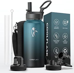 Coolflask Water Bottle 32 oz 940ml Insulated with Straw, Stainless Steel Metal 3 Lids Water Flask Wide Mouth for Sports or Office, BPA-Free Keep Cold Up to 48 Hrs or Hot Up to 24 Hrs, Samurai Cyan