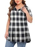 MONNURO Women's Plus Size Short Sleeve Plaid Shirts V Neck Button Basic Swing Tunic Tops for Leggings(Checkered,3X)