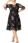 Kiyonna Plus Size Wildflower Midi Embroidered Cocktail Dress | Formal Dress for Party, Wedding Guest, or Special Occasion, Onyx, S