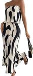 OYOANGLE Women's 2 Piece Outfits Graphic Print Lettuce Trim Sleeveless Strapless Tube Top and Skirt Sets Black White X-Large