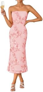 ZESICA Women's Summer Strapless Floral Midi Dress 2026 Bodycon Mesh Tube Wedding Guest Cocktail Party Formal Dresses Pink X-Small