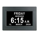 LaMi Products 7 Inch Digital Calendar Day Date Time Clock - 12 Alarm Options,Auto-Dimming,Extra Large Non-Abbreviated Date Day Month Dementia Clock for Seniors,Impaired Vision,Memory Loss (Black)