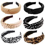 6 Packs Headbands for Women’s Hair Pearl Leopard Knotted Elastic Headband Hair Bands Hairbands Fashion Black Hair Accessories for Girls Adult Women Cute Top Knot Head Band