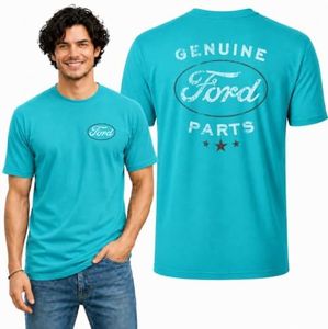 Wild Bobby Genuine Ford Parts Vintage Distressed Cars and Trucks Mens Graphic Tees Front and Back T Shirt Printed Graphic Tees for Men, Light Turquoise, 5X-Large