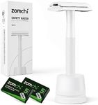 ZOMCHI Double Edge Safety Razor with Stand for Men, Women Razor with 10 Double Edge Safety Razor Blades, Plastic Free Metal Razor – White