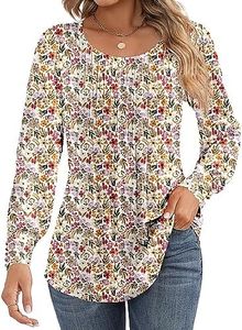 Ficerd Women's Puff Long Sleeve Tunic Tops Pleated Crew Neck Blouses Dressy Casual Loose Spring and Summer T-Shirts, Long Sleeve Floral White Red, Large