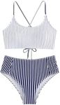 SweatyRocks Women's Bathing Suits Striped Criss Cross Bikini Set High Waisted Swimsuits Blue Striped Medium