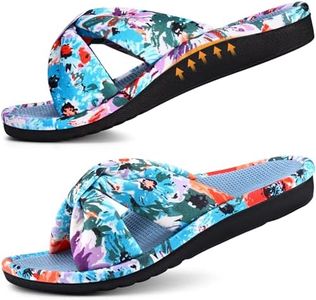 Litfun Orthopedic Arch Support Slippers for Women Comfortable Open Toe Indoor House Slippers Corduroy Cross Bow Bedroom Shoes for Plantar Fasciitis, Cyan Blue 38