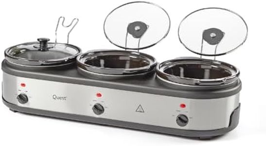 Quest Triple Slow Cooker, Buffet Server & Food Warmer, 7.5L Total Capacity - 3x 2.5 Litre Ceramic Pots, Easy to Clean, Includes Lids & Lid Stands, 3 Heat Settings
