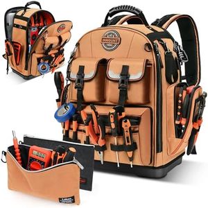 Tool Backpack with 2 Small Tool Bags – LOKASS Heavy Duty Backpack Tool Bag with Molded Base,1680D Tool Organizer with Laptop Compartment & Combination Lock, Water-Resistant Electrician & HVAC Tool Bag