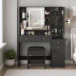 Vabches Vanity Desk with Mirror and Lights, Vanity Table Makeup Vanity with Lights 3 Drawers and Cabinets, Charging Station & Sliding Door, Lots Storage Shelves