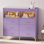 Jojoka Nursery Changing Table Dresser with LED Lighting and Charging Function, 6 Drawer Storage Dresser with 2 Open Compartments, Convertible Baby Diaper Station for Nursery and Bedroom Use