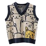 Dawwoti Women’s Knitted Sweater Vest Sleeveless Pullovers Jumpers Cat Pattern Sweatshirts for Winter Autumn Spring Dark Blue