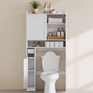 VASAGLE Over The Toilet Storage Shelf, Bathroom Storage Cabinet with Sliding Door, Adjustable Shelves, Toilet Paper Holder, Space-Saving, Modern, 9.8 x 32.7 x 66.9 Inches, Cloud White UBTS018W01