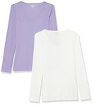 Amazon Essentials Women's Slim-Fit Layering Long Sleeve Knit Rib V-Neck (Available in Plus Size), Pack of 2, White/Purple, Medium