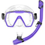 Snorkel Set Adults Snorkeling Gear Anti-Leak and Anti-Fog Tempered Glass Lens Panoramic View Swim Mask Dry Top Snorkel Kit for Snorkeling Scuba Diving Swimming Travel with Carry Bag Purple