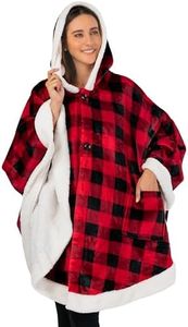 PAVILIA Angel Wrap Hooded Blanket, Sherpa Lined Wearable Blanket Women, Cozy Poncho Wrap Throw for Adult, Plush Warm Cape Shawl with Pockets Hood, Gift Wife, Black and Red Buffalo Plaid Checkered