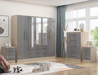 Unique Furnishings Gloss GREY Large Wardrobe - 5 Door 6 Drawers & Mirrors + Chest Of Drawers + 2 x Bedsides