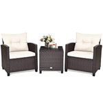 KOTEK 3 Piece Patio Furniture Set, Outdoor Conversation Set with Washable Cushions & Tempered Glass Tabletop, PE Rattan Wicker Bistro Set for Porch, Garden, Balcony (White)