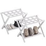 HITNET 2 Pack Luggage Rack, Folding Suitcase Stand with Fabric Storage Shelf, Heavy Duty Bamboo Luggage Holder with 5 Nylon Straps for Guest Room, Bedroom, Hotel, White