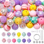 CREATZONE 50Pcs Chunky Bubblegum Beads 20mm Christmas Large Gumball Rhinestone Pearl Beads with 48pcs Tiny Round Spacers, Extender Chains, Beading Wire (Pink Series)