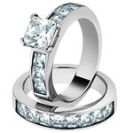 Marimor Jewelry Women's Stainless Steel 316 Princess Cut 3.75 Carat Zirconia Wedding Ring Set Size 7