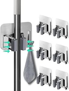 Henrycares 6-Pack Broom Mop Holder, Silver Stainless Steel Self Adhesive Broom Holder Mop Holder Wall Mounted with Hook Hanger for Kitchen, Bathroom, Closet, Garden Garage etc