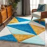 Carpetify Modern Geometric 3D Textured Thick And Soft Shag Carpet 3X5 Feet Area Rectangular Rug (Turquoise/Mustard Yellow/White Colour)