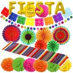 ZERODECO Fiesta Party Decorations, Multicolor Mexican Table Runner Picado Banner Fiesta Foil Balloons Paper Fans Pompoms Circle Dots Garland for Fiesta Mexican Cinco De Mayo Birthday Party Supplies