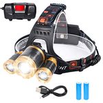 flintronic LED Head Torch, USB Rechargeable COB 3*Head Headlamp, IP64 Waterproof Zoomable 4 Modes 90° Rotating 1200 Lumen Headlight for Running/Cycling/Fishing/Camping (2 * 18650 Battery Included)