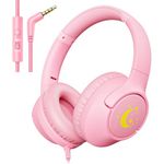 Wired Headphones for Kids, 85/94dB Volume Limit Pink Headphones Wired for Girls with Microphone, Over Ear 3.5mm Jack Headset Corded Headphones for Tablet Kindle Chromebook Phones Airplane Travel, Pink