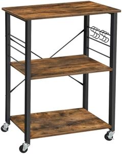 VASAGLE Kitchen Shelf on Wheels, Serving Cart with 3 Shelves, Kitchen Cart, Microwave Shelf, for Mini Oven, Toaster, with 6 Hooks, Industrial Style, Rustic Brown and Black UKKS60XV1