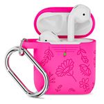 CAGOS Airpods Case, Silicone Flower Engraved Protective Case Cover Apple Airpod 2/1 Skin Cover with Keychain for Women Girls (Fuchsia Pink)