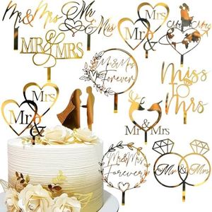 10Pcs Mr And Mrs Cake Topper Acrylic Wedding Cake Toppers Bride And Groom Mr & Mrs Cake Topper Gold Cake Decorations Cake Decor for Engagement Bridal Shower Anniversary Cake Decoration Supplies