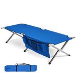 COSTWAY Folding Camping Bed, Steel Frame Outdoor Sleeping Cot with Carry Bag, Portable Military Camping Lounger Bed for Travel Patio Beach BBQ Hiking Office (Blue, With Side Pockets, 190x73x42cm)