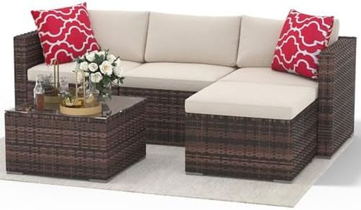 5 Pieces Patio Furniture Sets, Outdoor Patio Furniture Set, Wicker Patio Rattan Outdoor Sofa Furnitures with Anti-Slip Cushion and Glass Table, Patio Conversation Sets for Porch, Garden (Brown/Beige)