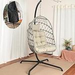 LKINBO Indoor Outdoor Hanging Egg Chair with Stand and Cover, Patio Wicker Swing Chair 450lbs Capacity Egg Chairs with UV Resistant Cushion for Bedroom Outside Balcony Patio Living Room, Gray