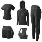 XPINYT 5pcs Workout Outfits for Women Athletic Sets Sport Suits Yoga Gym Fitness Exercise Clothes Jogging Tracksuits(Black 03,L)