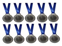 Eknoor Sports Silver Medal with Blue Ribbon (Silver) (Set of 10) Size 2" inch. for School Winners, Sports, Athletic Games