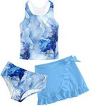 Blue Marble Swimsuits for Girls 8-9 Years Old 3 Piece Bathing Suit Set Cute Tie Dye Print Tankini Swimwear with Beach Cover Up Skirt for Holiday