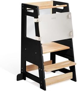 Toddler Standing Tower, Adjustable Height Toddler Tower with Safety Rail and Anti-Slip Feet, Wooden Kids Kitchen Learning Helper with Magnetic Chalkboard, Black