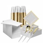 BloominGoods Gold Disposable Plates Set For 50 Guest - 350 Piece Plastic Dinnerware 100 Rimmed Square Plates, Cups, Paper Napkins, Silverware Set, White, Gold, (BG-PRTPQ-WGR/L50)