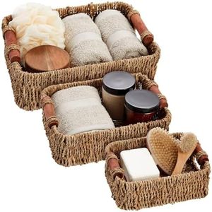 Juvale Set of 3 Small Wicker Baskets for Storage, Woven Nesting Bins with Handles for Bathroom Towels and Toilet Paper Organization, Closet, Shelf, Kitchen (3 Assorted Sizes)