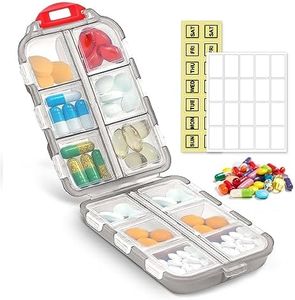 Travel Pill Organizer, 12 Compartments Portable Pill Case with Weekly Stickers, Moisture Proof Pill Box Vitamin Medicine Container for Daily Pills, Vitamins, Supplements and Medication (Grey)