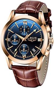 LIGE Men's Watches Elegant Luxury Analog Quartz 3ATM Waterproof Chronograph Watch for Male Fashion Casual Brown Leather Round Blue Dial Calendar Business Gents Dress Wristwatch