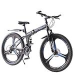 BSTSEL 27.5Inch Adult Folding Mountain Bike,Dual Suspension Mountain Bikes with 27.5 Inches 3-Spoke Wheel, Shimano 21 Speed Mens and Womens Foldable Mountain Bicycle (Black& Blue)