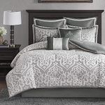 Madison Park Odette 8 Piece Jacquard Bedding Comforter Set with Damask Stria, Queen, Silver