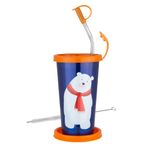 PDDFALCON Stainless Steel Polar Bear Cartoon Print Glass/Tumbler With Bpa Free Lid, Steel Straw With Cleaning Brush & Food Grade Cap For Straw And Extra Storage Lid,100% Leak Proof - 450Ml (Blue)