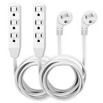 White Flat plug Extension Cord, short power cord with 3 Prong standard ground sockets, basic indoor 3-pin ground cable, UL Listed（ 8FT, 2PK）