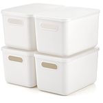 Lawei 4 Pack Plastic Storage Bins with Lid, White Stackable Storage Basket Organizer Box, Sturdy Containers Organizing Lidded Bins for Shelves, Cabinet, Desk, Pantry, Bedroom, Bathroom, Book, Toys